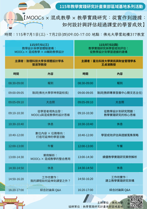 【轉知】教學實踐研究計畫東區基地辦理「MOOCs × 混成教學 × 教學實踐研 究：從實作到證據：如何設計與評估超過課堂的學習成 效」工作坊，歡迎本校教師踴躍報名參加圖片