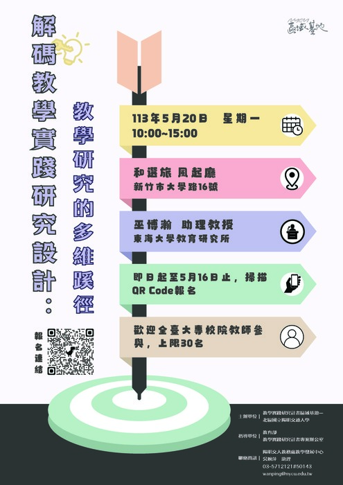 【轉知】國立陽明交通大學辦理113年度教學實踐研究區域基地計畫「解碼 教學實踐研究設計：教學研究的多元蹊徑」，歡迎本校教師踴躍報名參加圖片