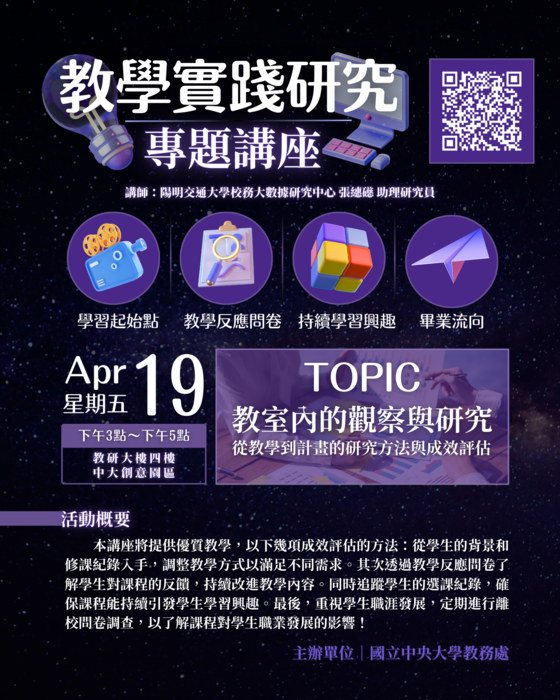 【轉知】國立中央大學辦理教學實踐研究專題講座，歡迎本校教師踴躍報名參加圖片